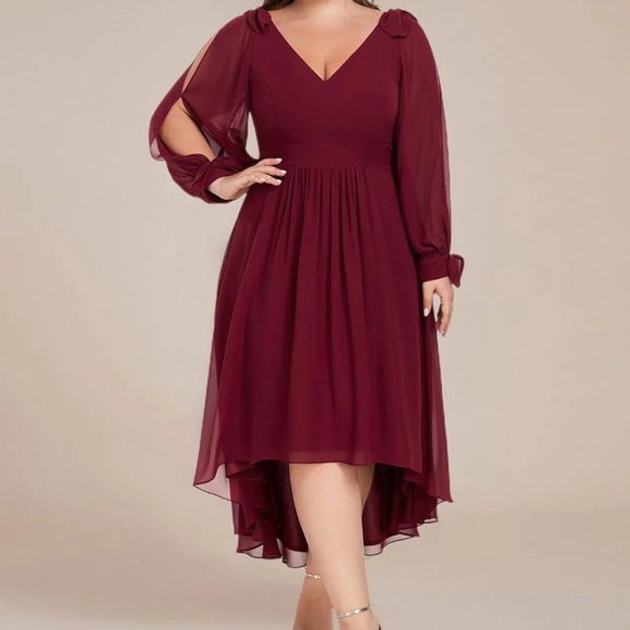 Ever Pretty Dresses & Skirts - Butterfly Design Long Sleeves Midi Length A-Line Asymmetrical Hem Chiffon Sz 14